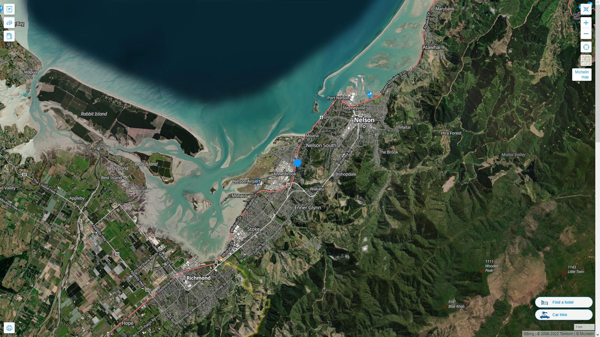 Nelson Nouvelle Zelande Autoroute et carte routiere avec vue satellite